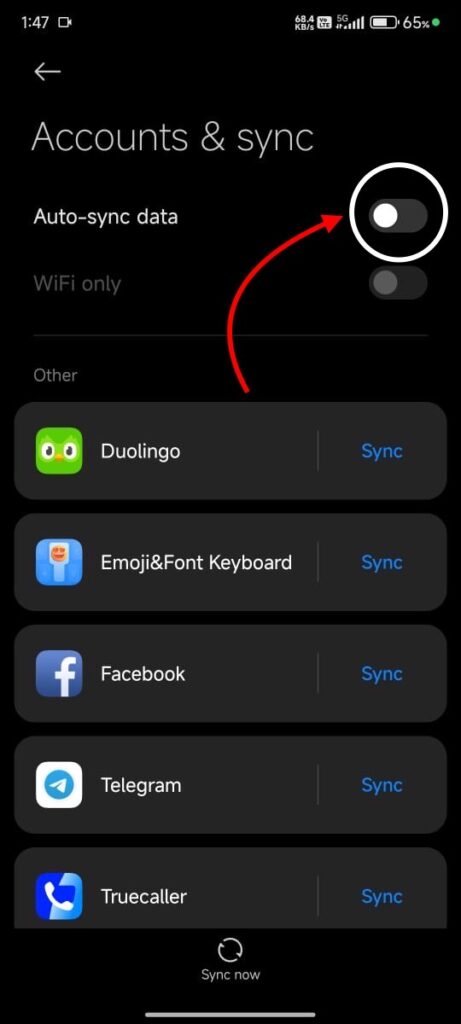 "Android battery settings screen showing Account and sync option to increase battery life."