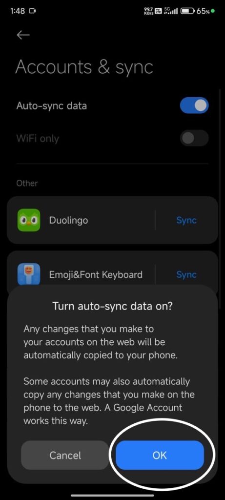 "Android battery settings screen showing Account and sync option to increase battery life."