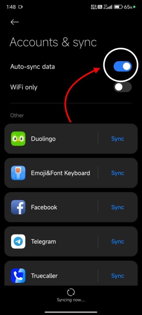 "Android battery settings screen showing Account and sync option to increase battery life."